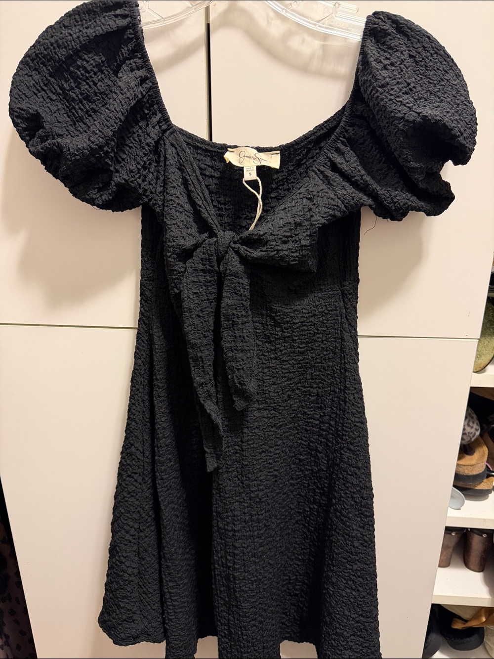 NEW!! Jessica Simpson Black Puff-Sleeve Tie-Front Mini Dress Size S
